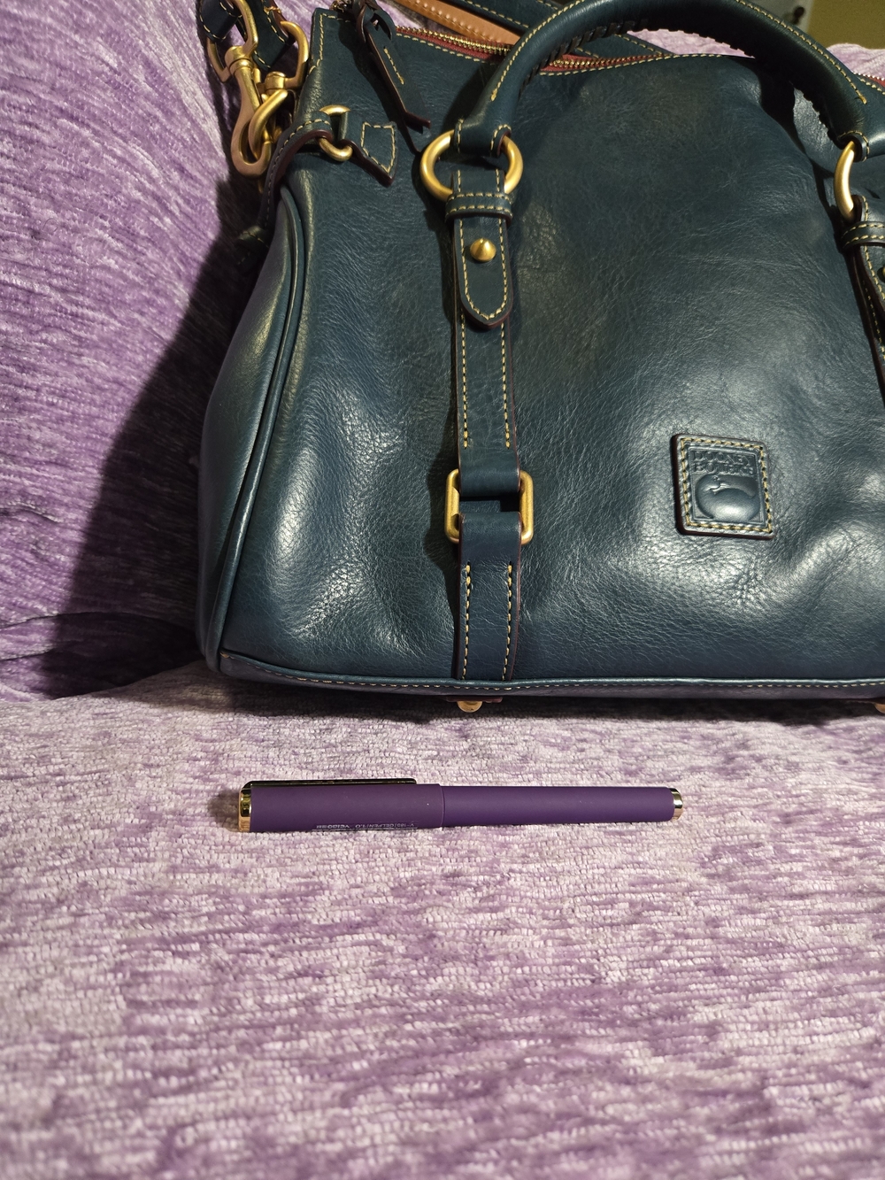 Dooney & Bourke Medium Satchel in Denim. Florentine Leather with Gold Hardware. - Picture 11 of 12